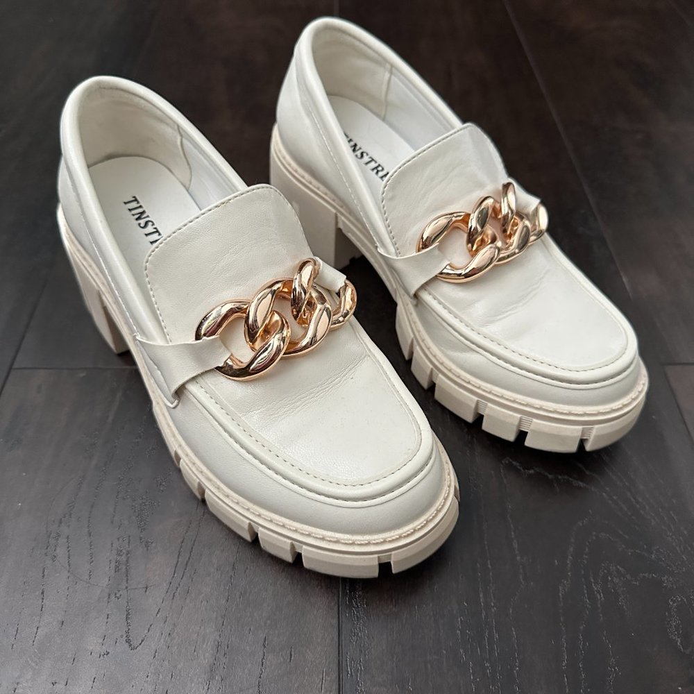White Platform Loafers with Gold Chain, Size 6